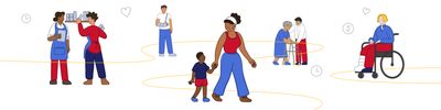 Illustrations show a variety of people in work and caregiving situations.
           Small drawings of hearts, clocks, and dollar signs float between the illustrations
           suggesting that each of these scenarios are connected through care, time, and money.
