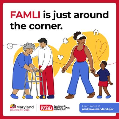 FAMLI is just around the corner. An illustrated mother and son holding hands are standing next to an illustrated man and his elderly mother.