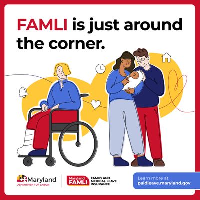 FAMLI is just around the corner. An illustrated person with a cast on their leg sits in a wheelchair next to an illustrated couple with a baby.